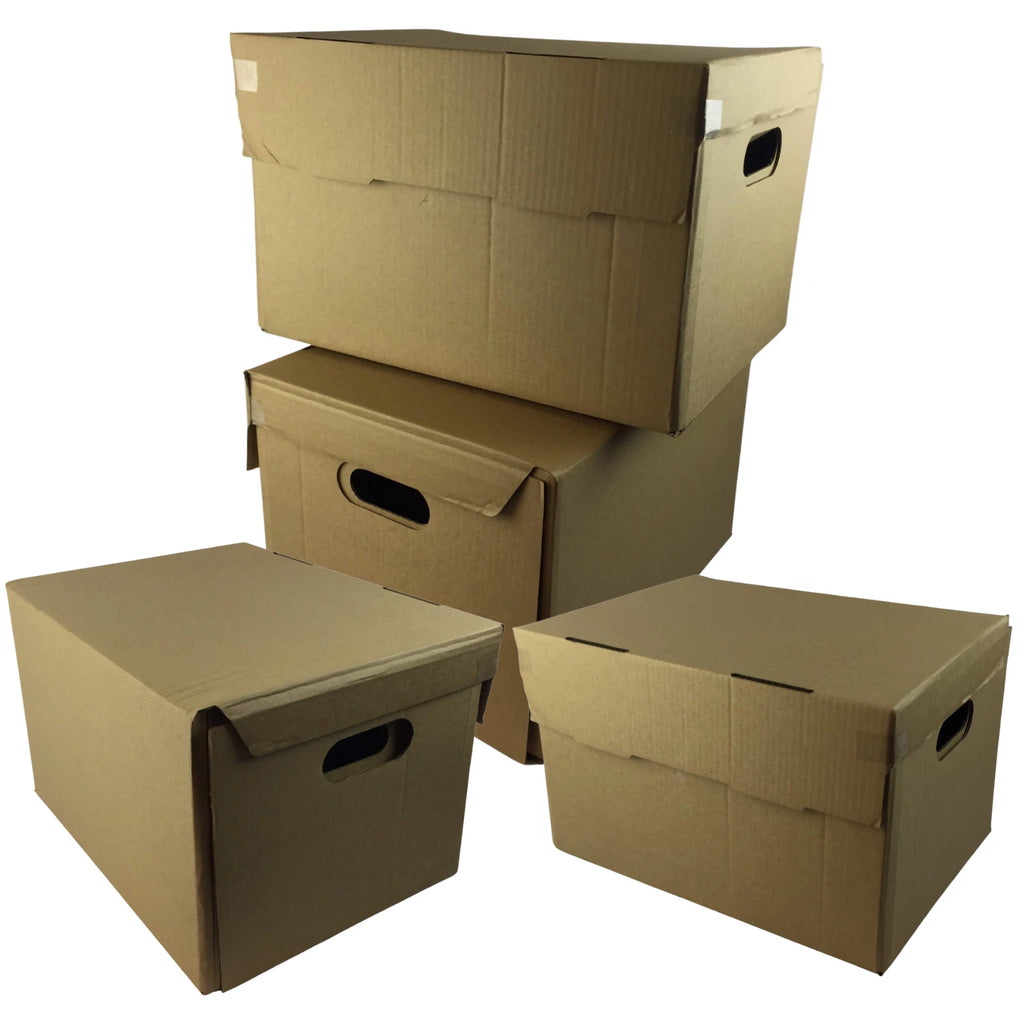 395x310x255mm - 10 X STRONG ARCHIVE CARDBOARD STORAGE BOXES with HANDLES & TRIPLE WALL SIDES